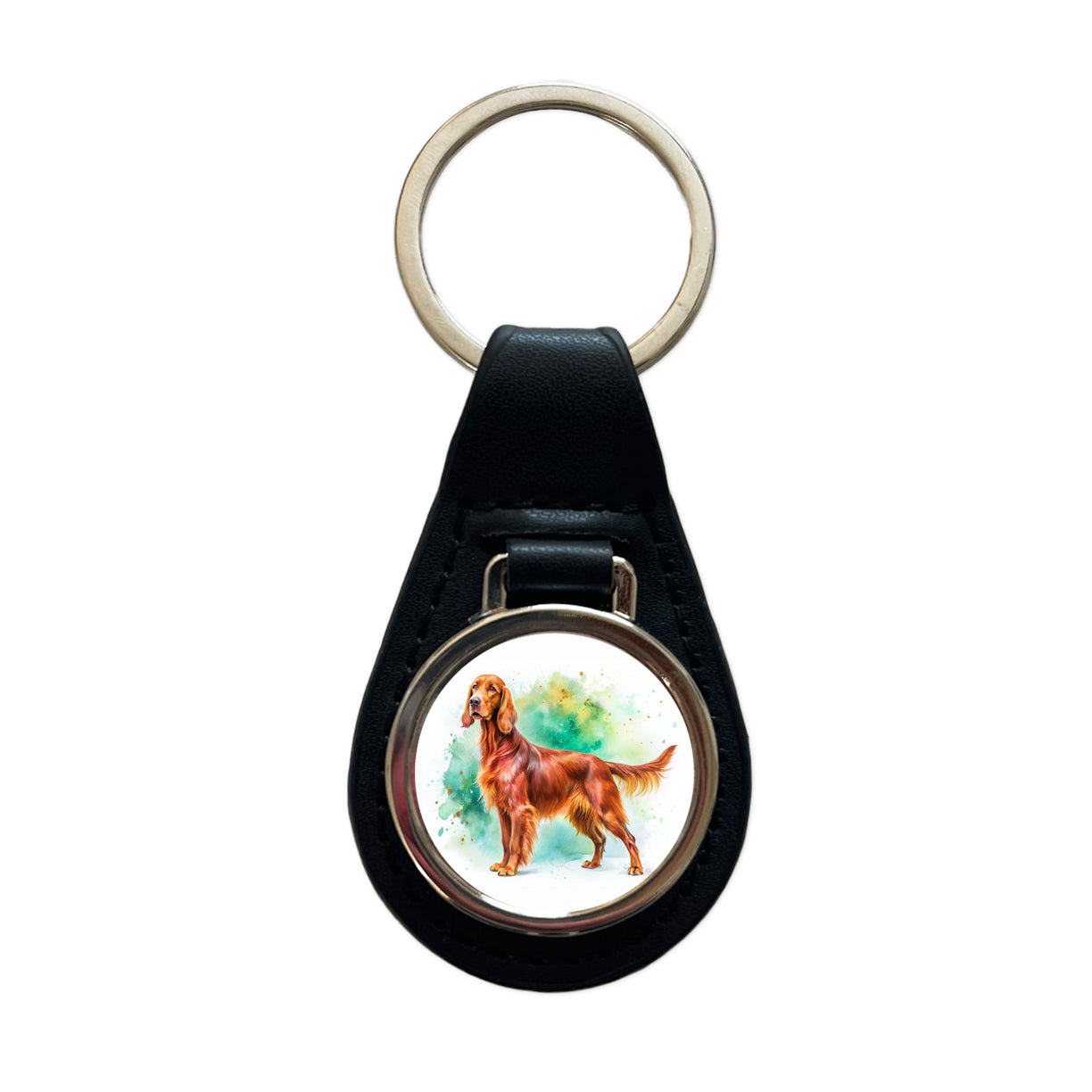 Irish Setter Dog Watercolor Style Black Leather Metal Keychain