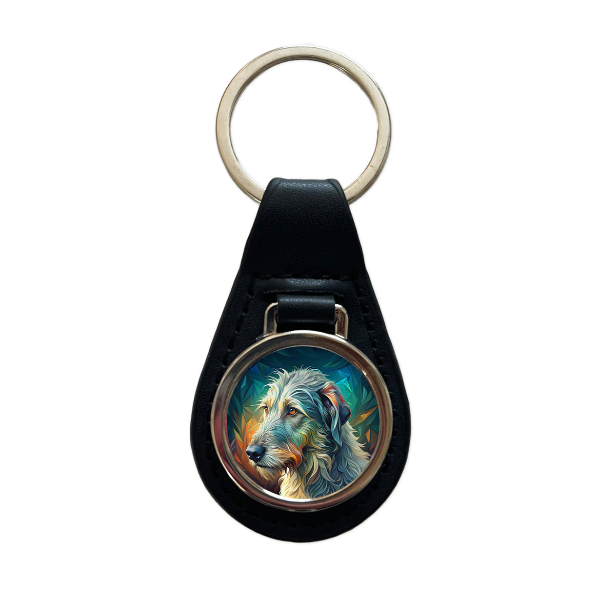 Irish Wolfhound Dog Abstract Stylized Art Black Leather Metal Keychain