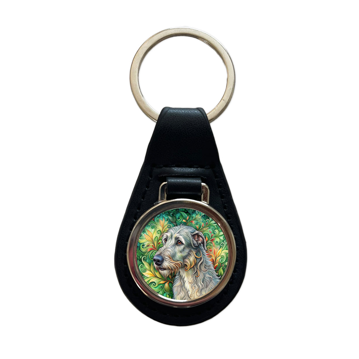 Irish Wolfhound Dog Art Nouveau Black Leather Metal Keychain