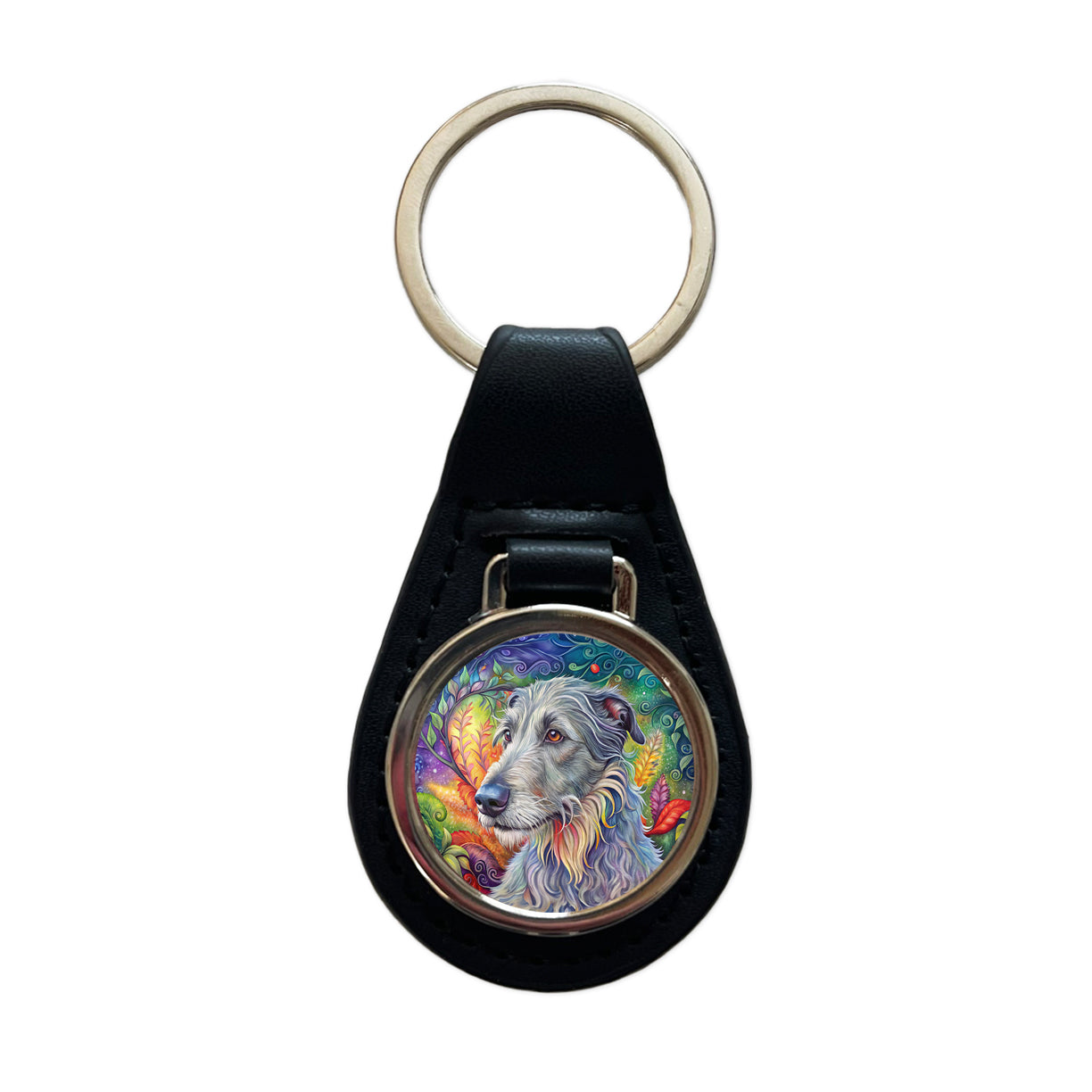 Irish Wolfhound Dog Bohemian Art Black Leather Metal Keychain