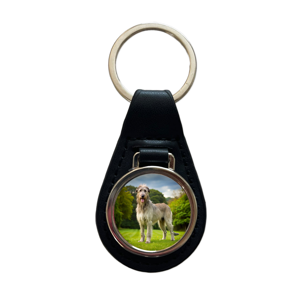 Irish Wolfhound Dog Photo Black Leather Metal Keychain