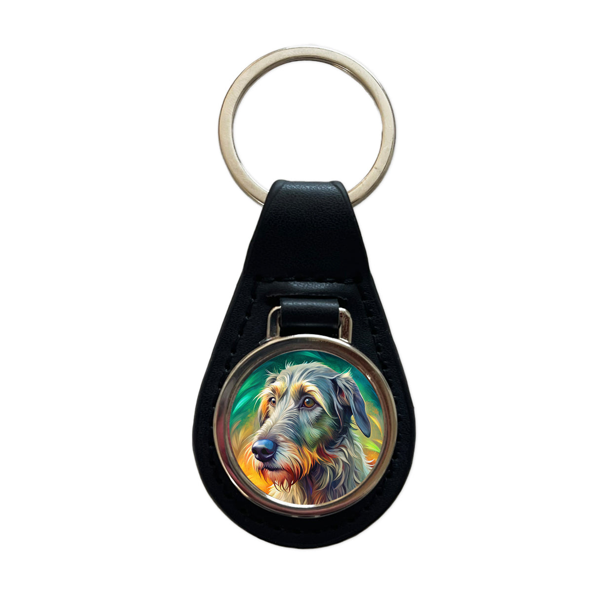 Irish Wolfhound Dog Pop Art Black Leather Metal Keychain