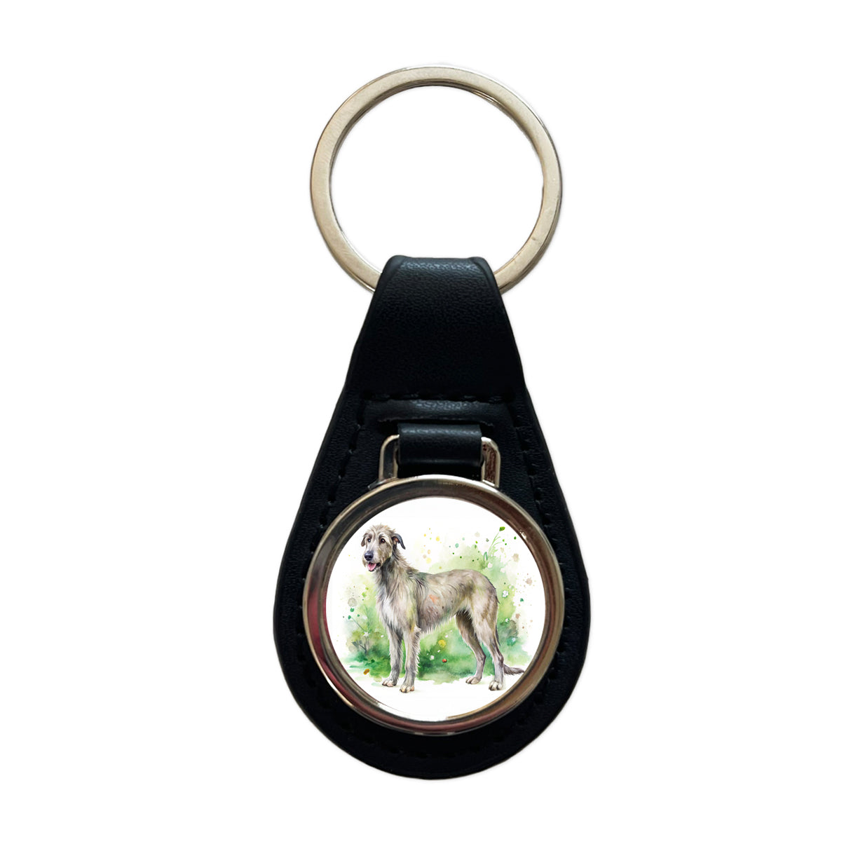 Irish Wolfhound Dog Watercolor Style Black Leather Metal Keychain