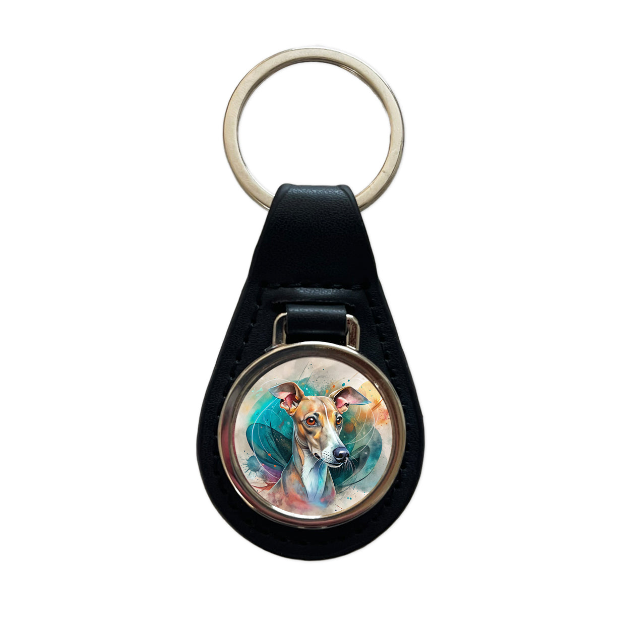 Italian Greyhound Dog Contemporary Art Black Leather Metal Keychain