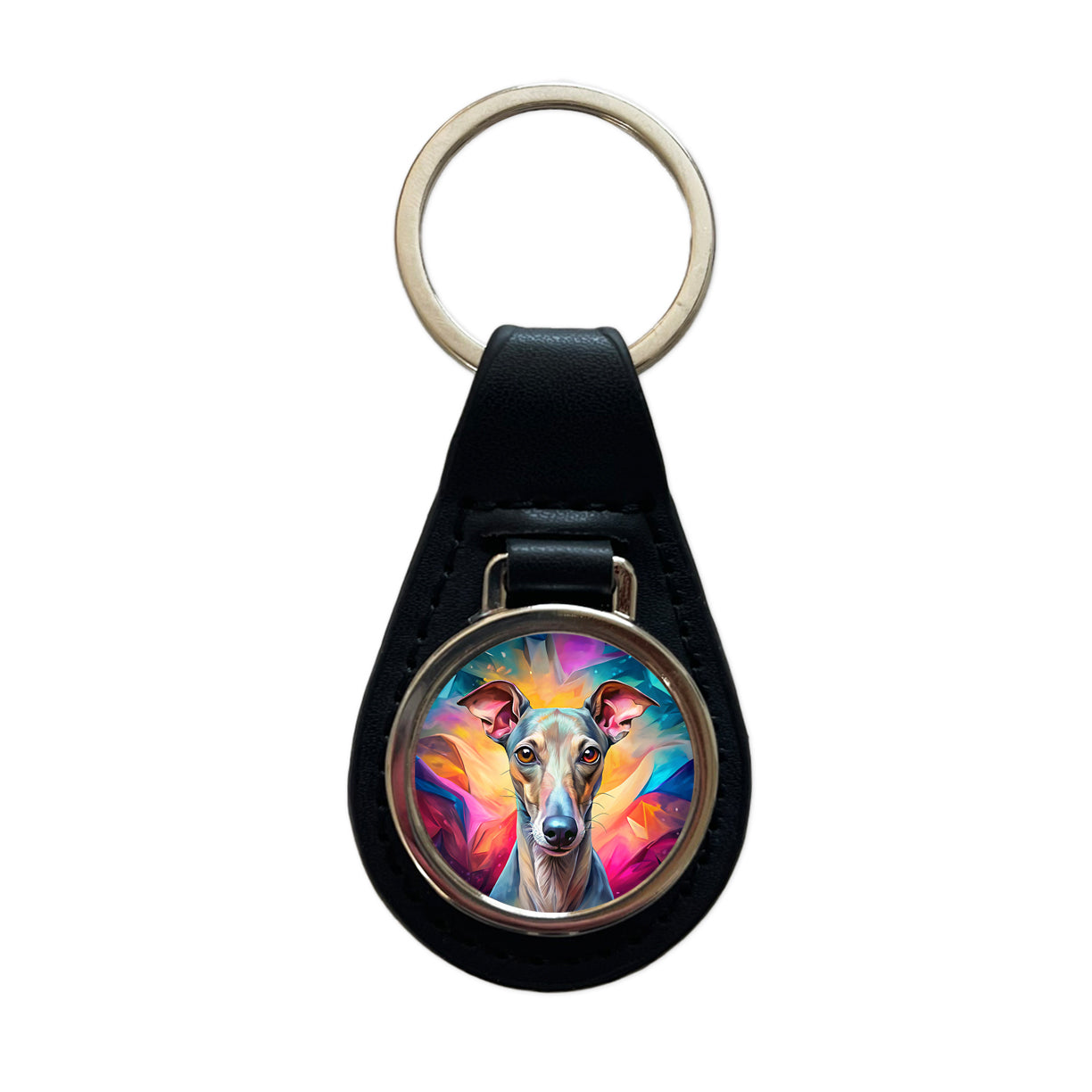 Italian Greyhound Dog Pop Art Black Leather Metal Keychain