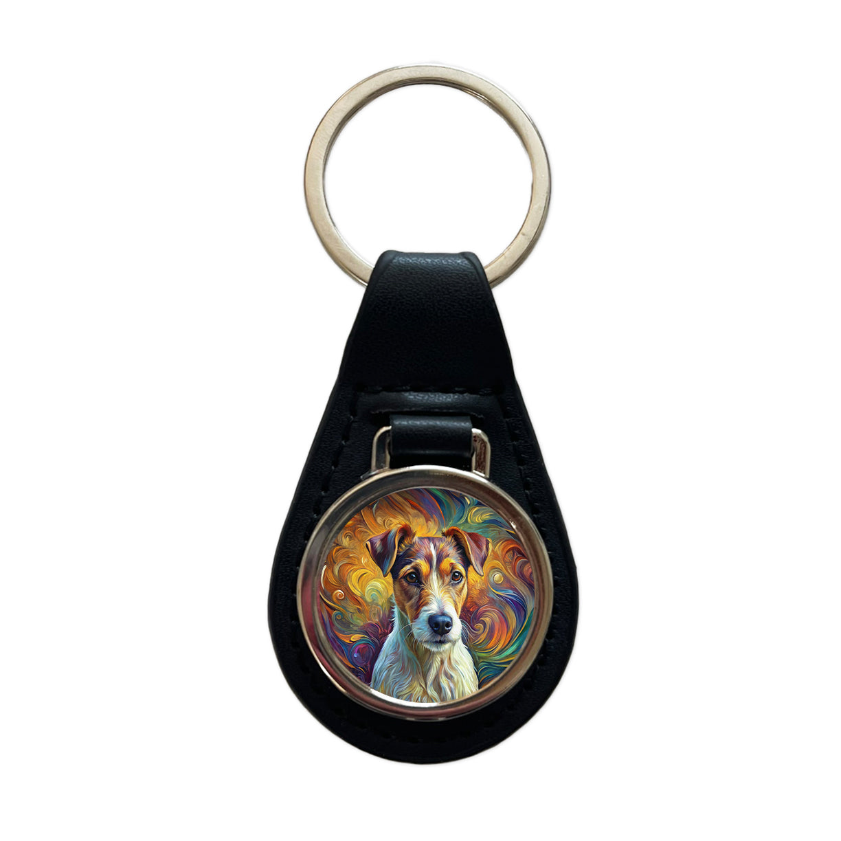 Jack Russell Terrier Dog Abstract Art Black Leather Metal Keychain