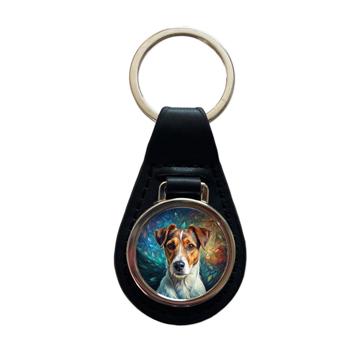 Jack Russell Terrier Dog Contemporary Art Black Leather Metal Keychain
