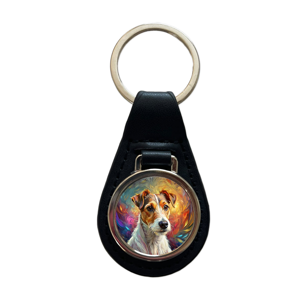Jack Russell Terrier Dog Expressionism Art Black Leather Metal Keychain