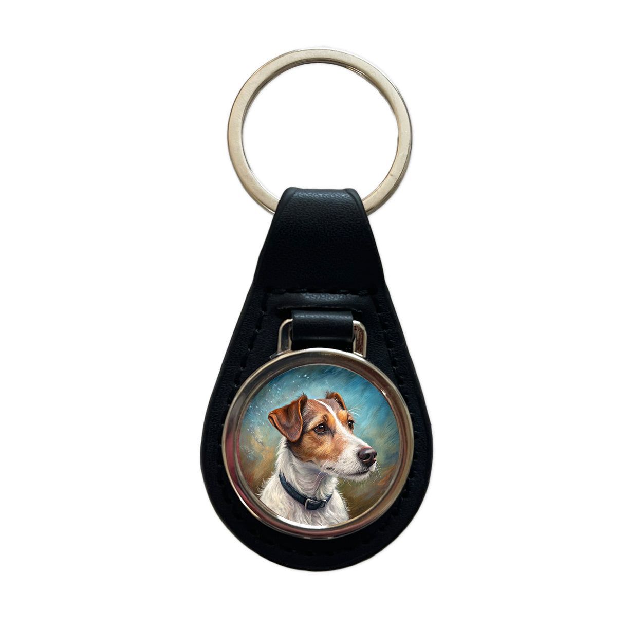 Jack Russell Terrier Dog Illustration Black Leather Metal Keychain