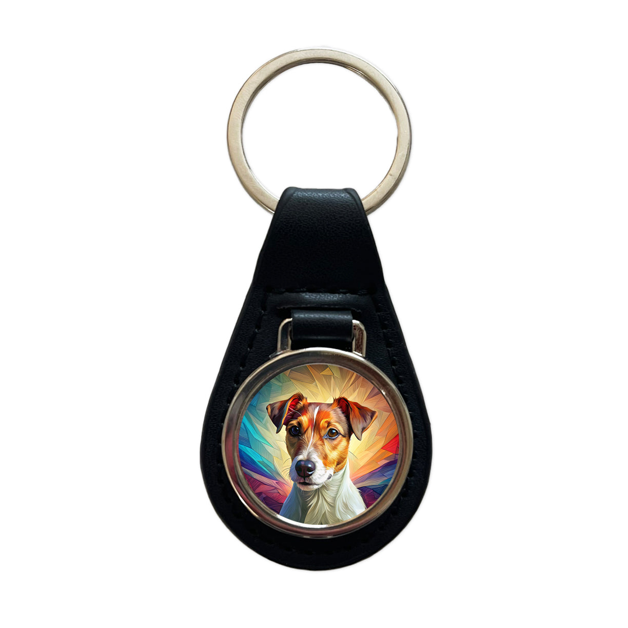 Jack Russell Terrier Dog Pop Art Black Leather Metal Keychain