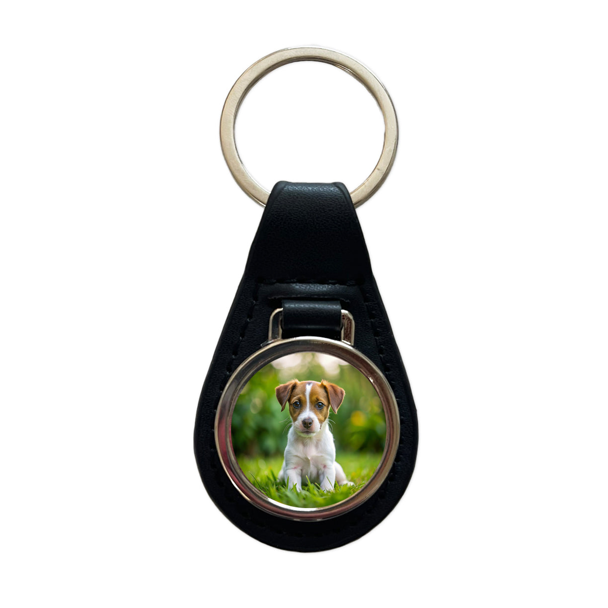 Jack Russell Terrier Dog Puppy Photo Black Leather Metal Keychain