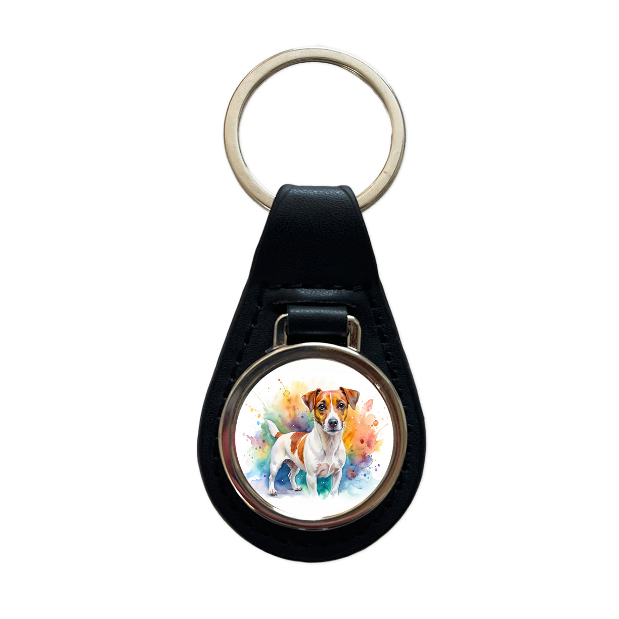 Jack Russell Terrier Dog Watercolor Style Black Leather Metal Keychain