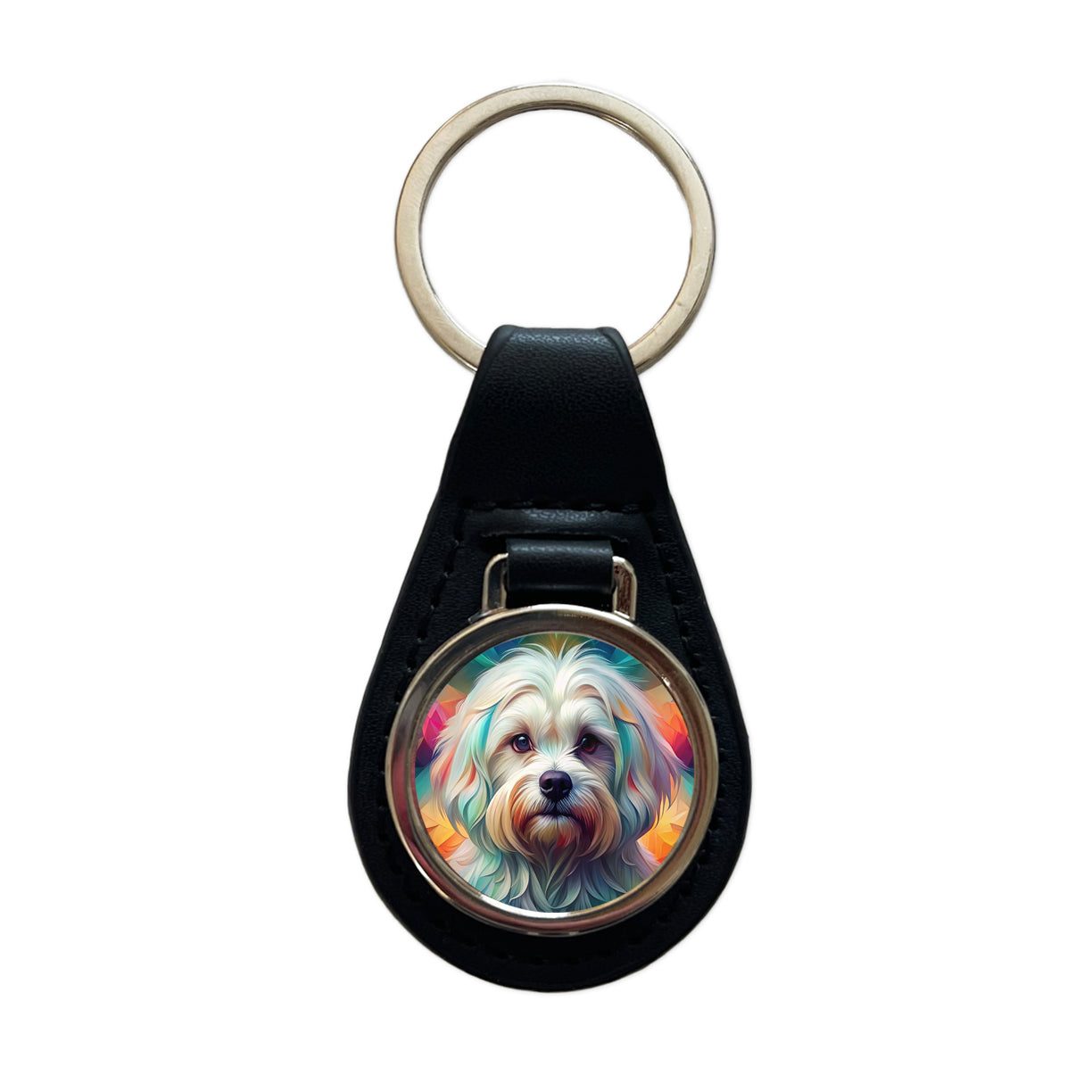 Maltese Dog Abstract Art Black Leather Metal Keychain