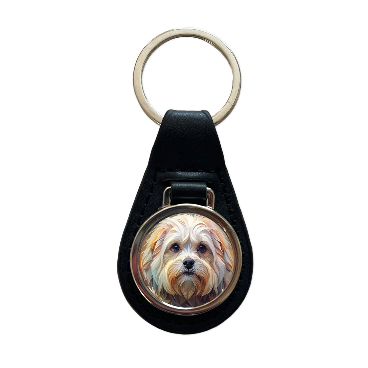 Maltese Dog Abstract Stylized Art Black Leather Metal Keychain