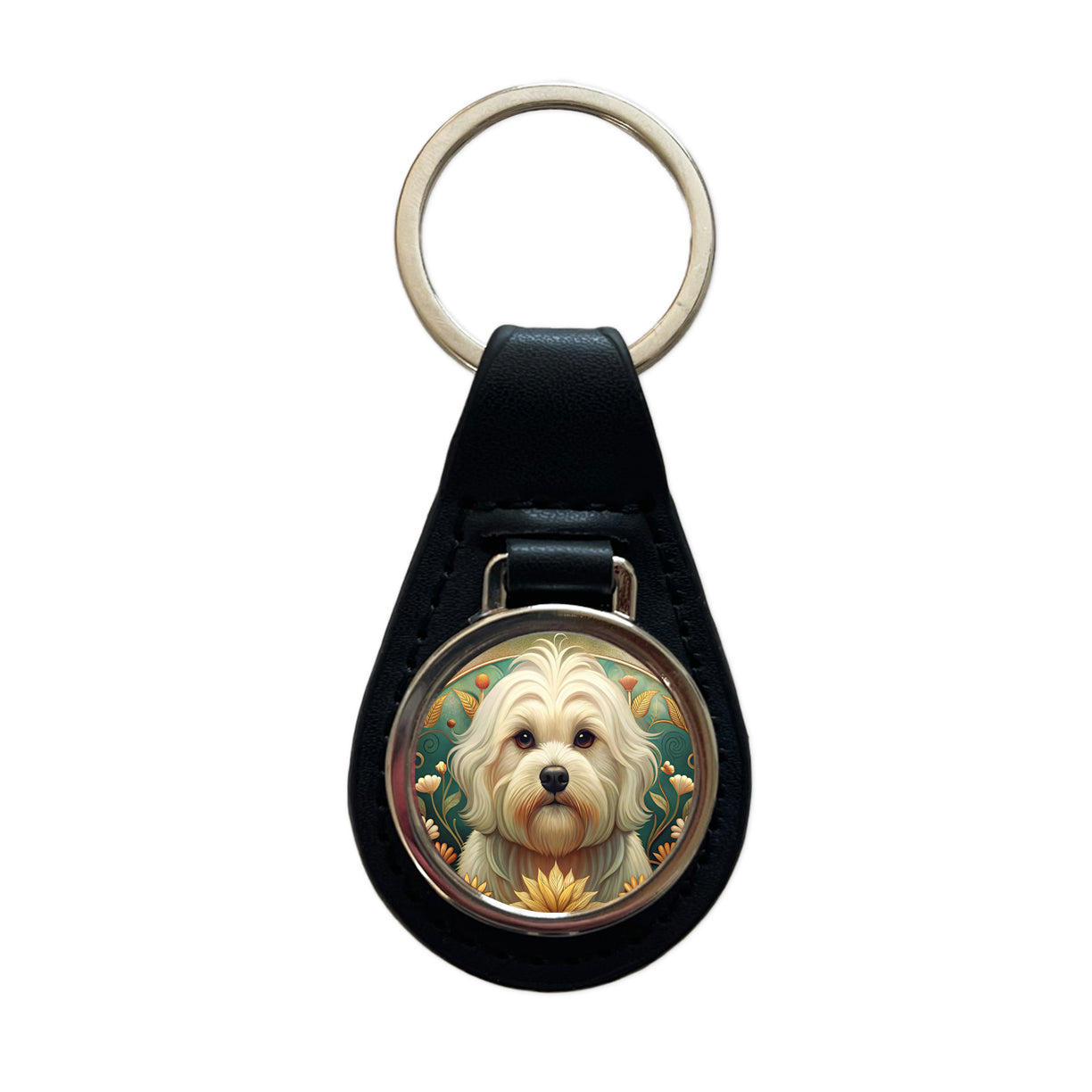 Maltese Dog Art Nouveau Black Leather Metal Keychain