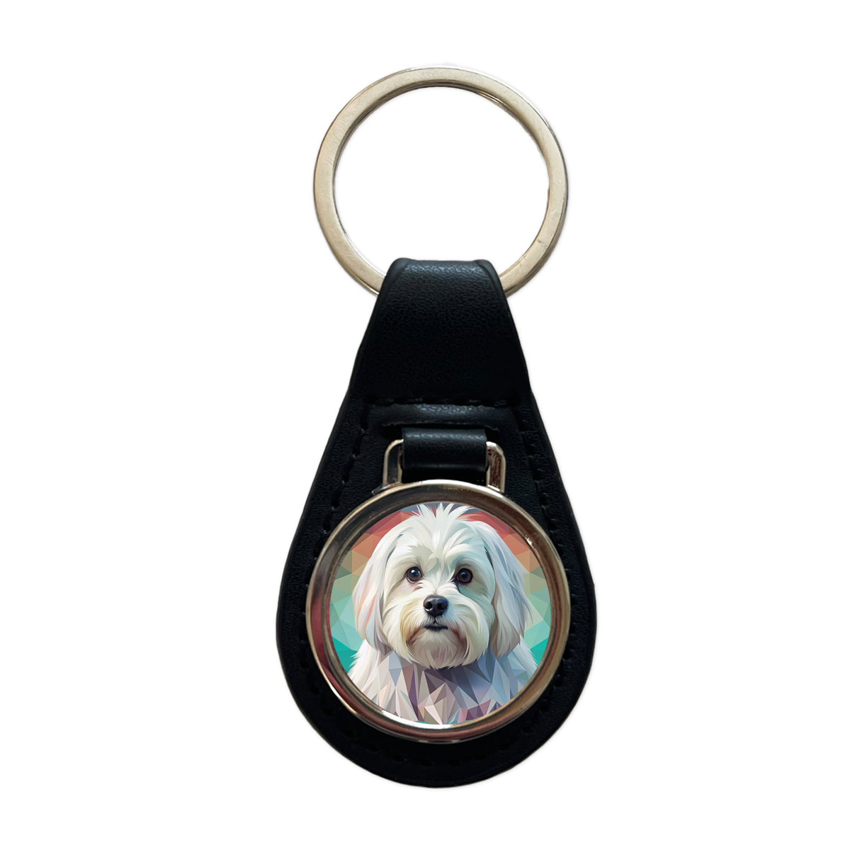 Maltese Dog Contemporary Art Black Leather Metal Keychain