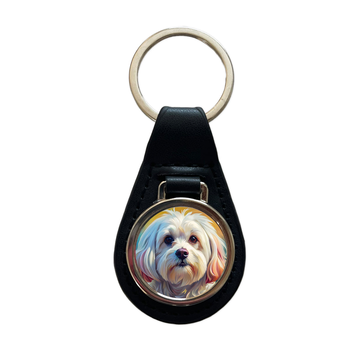 Maltese Dog Expressionism Art Black Leather Metal Keychain