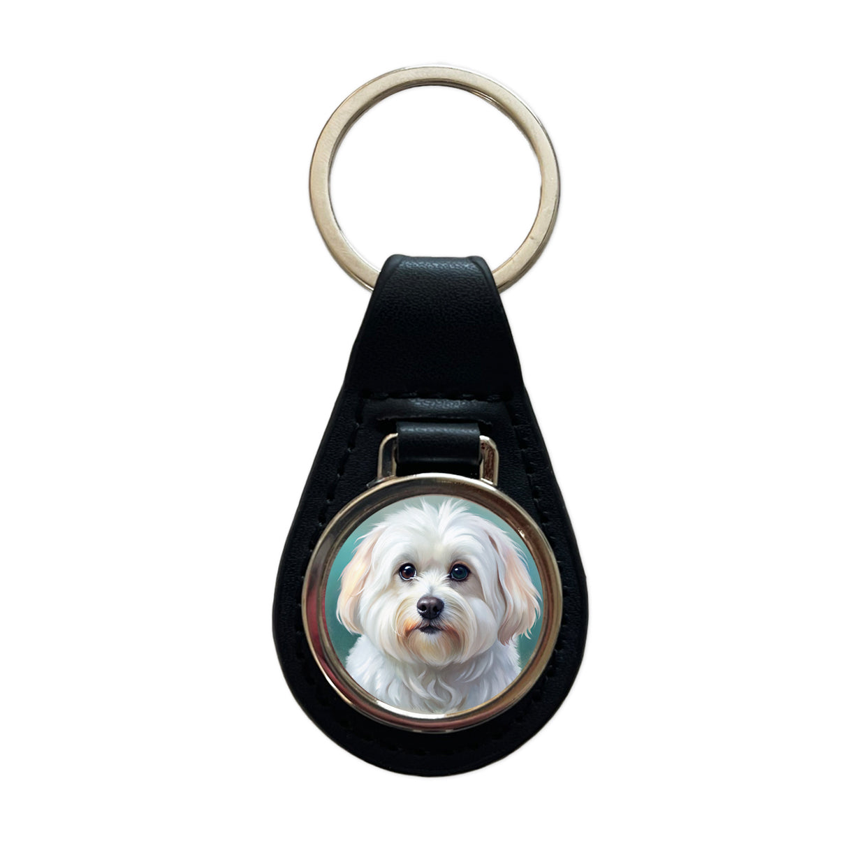 Maltese Dog Illustration Black Leather Metal Keychain