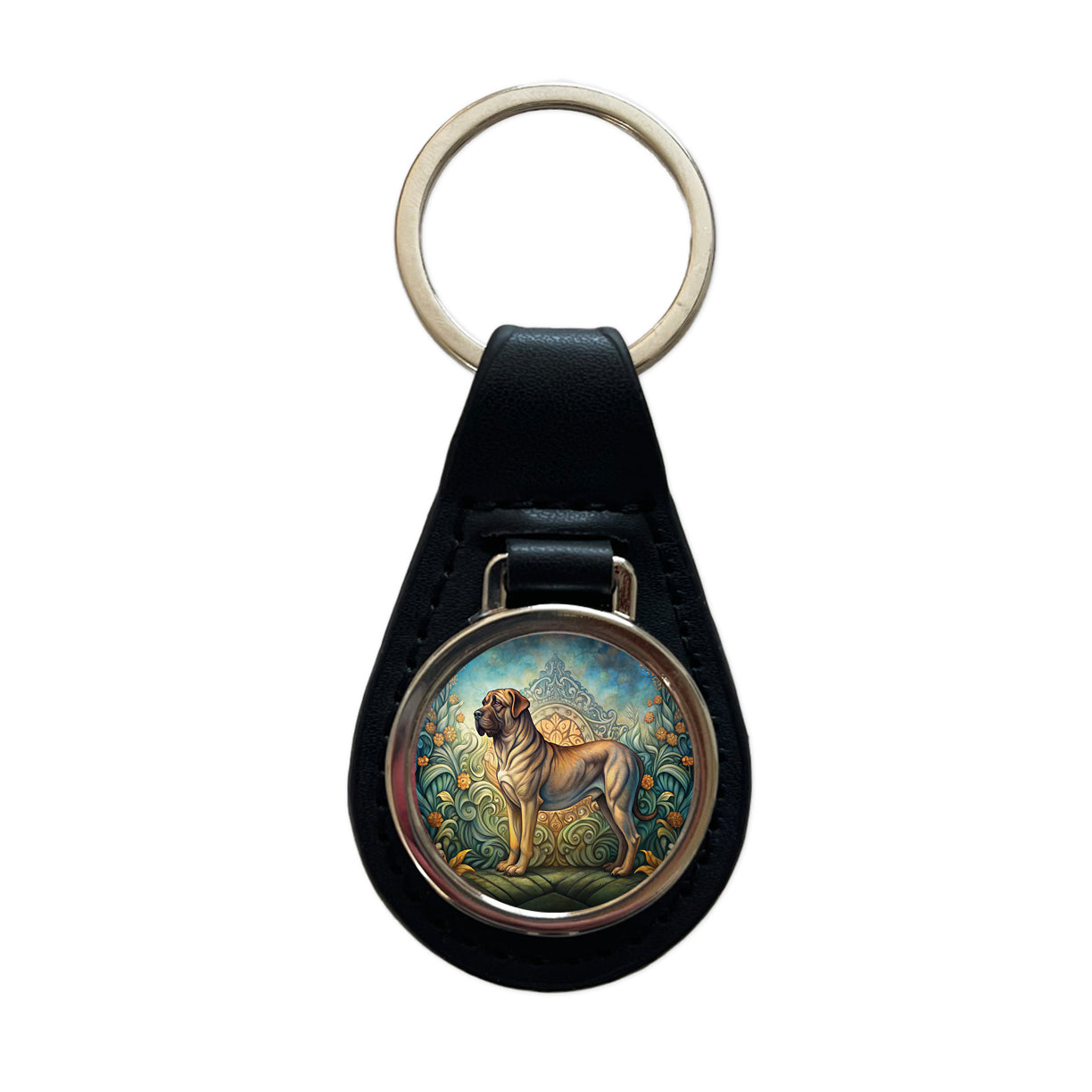 Mastiff Dog Art Nouveau Black Leather Metal Keychain
