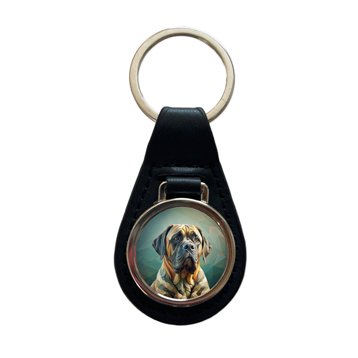 Mastiff Dog Contemporary Art Black Leather Metal Keychain