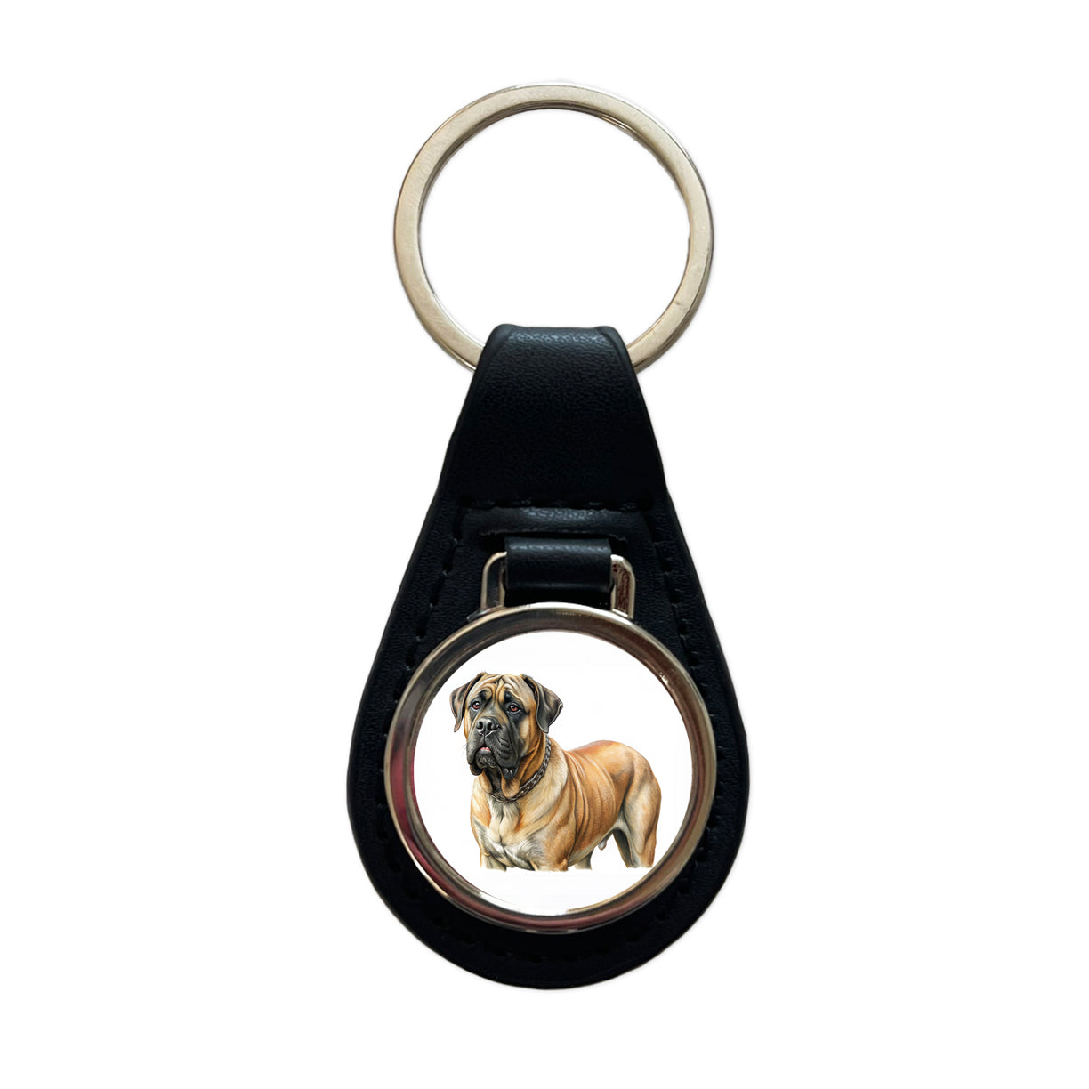 Mastiff Dog Illustration Black Leather Metal Keychain