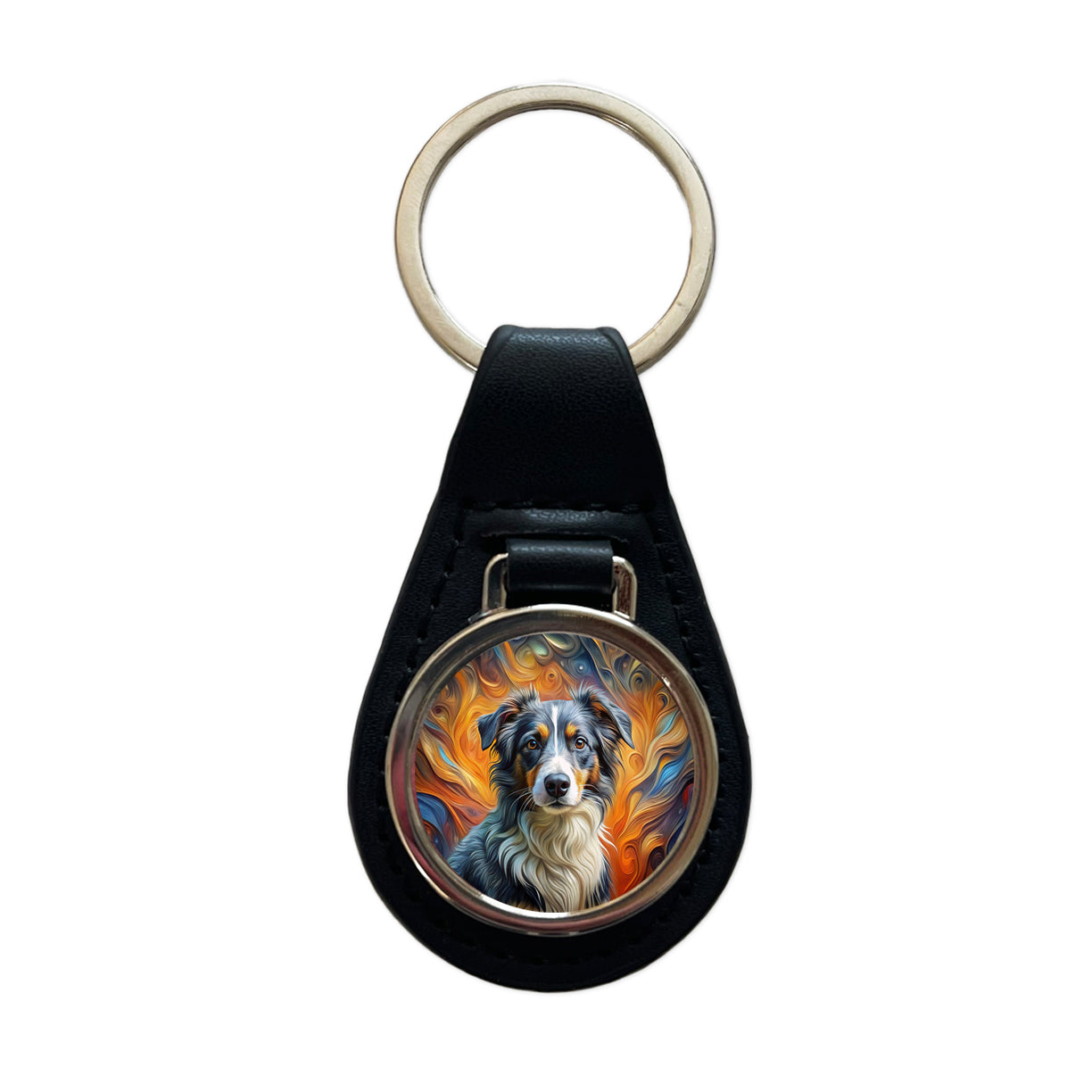 Miniature American Shepherd Dog Abstract Art Black Leather Metal Keychain