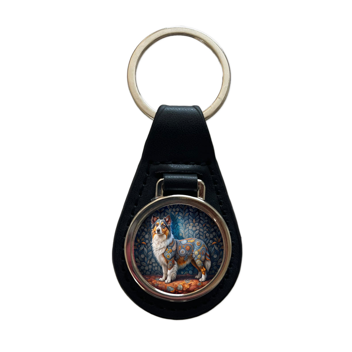 Miniature American Shepherd Dog French Bohemian Art Black Leather Metal Keychain