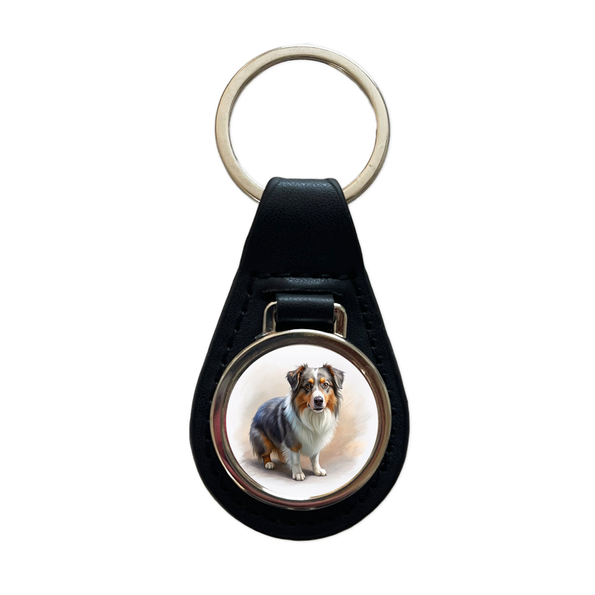 Miniature American Shepherd Dog Illustration Black Leather Metal Keychain