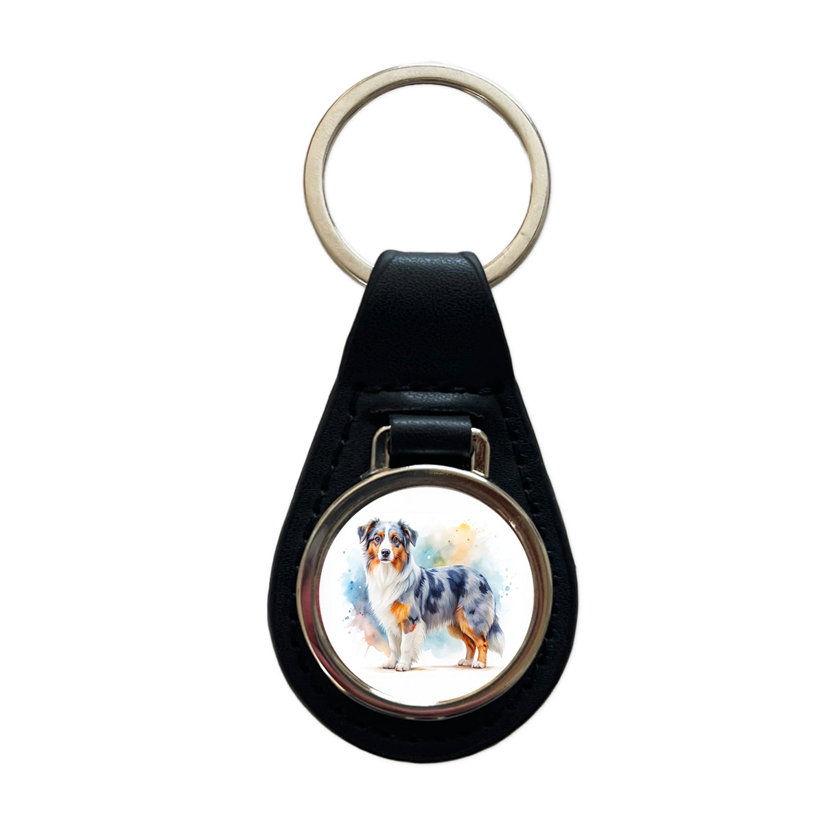 Miniature American Shepherd Dog Watercolor Style Black Leather Metal Keychain