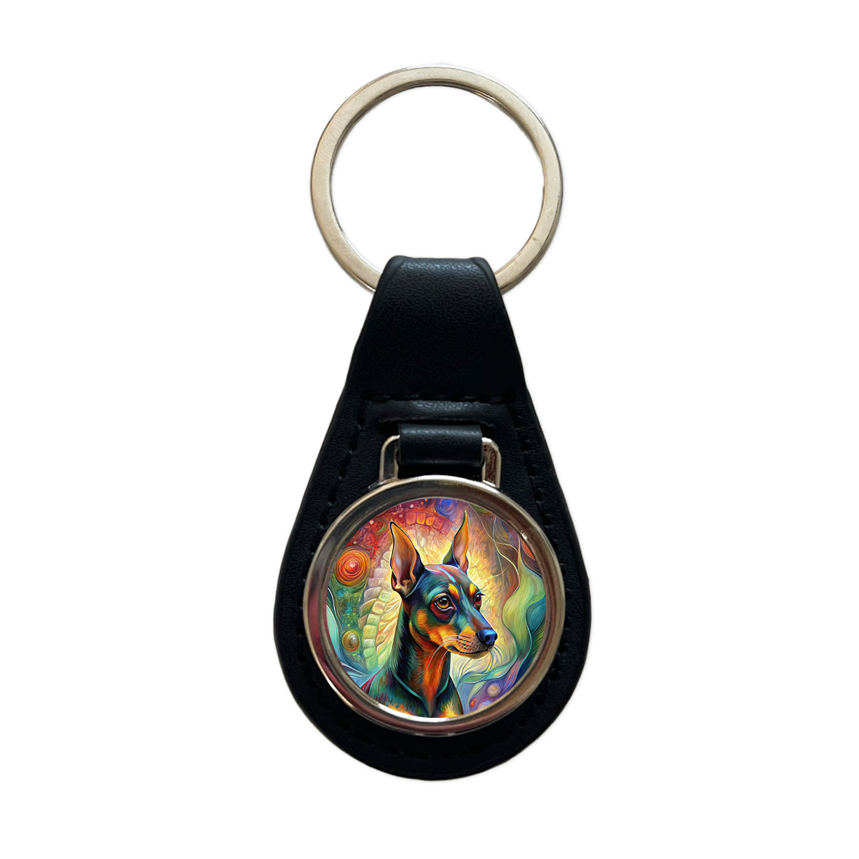 Miniature Pinscher Dog Abstract Art Black Leather Metal Keychain