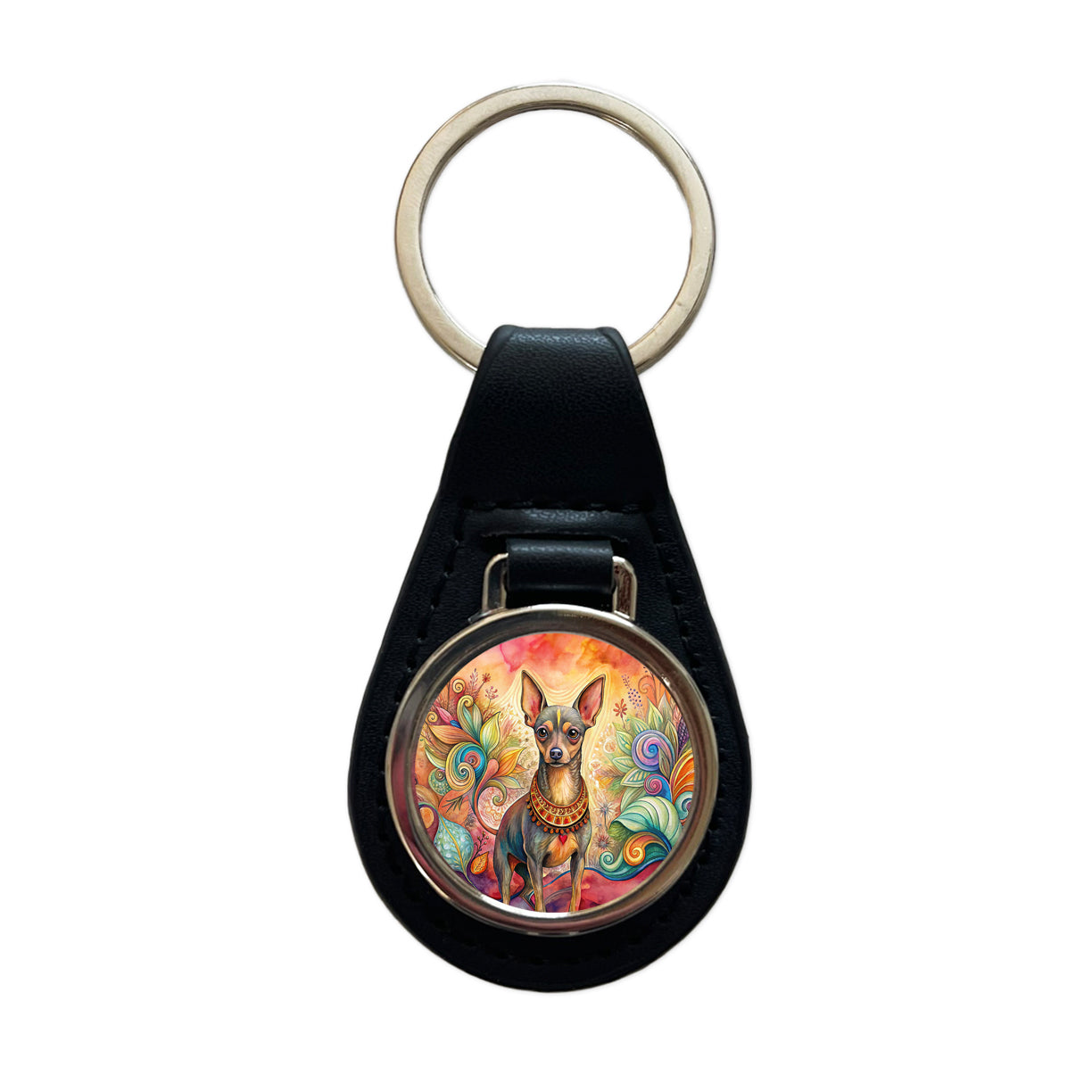 Miniature Pinscher Dog Bohemian Art Black Leather Metal Keychain