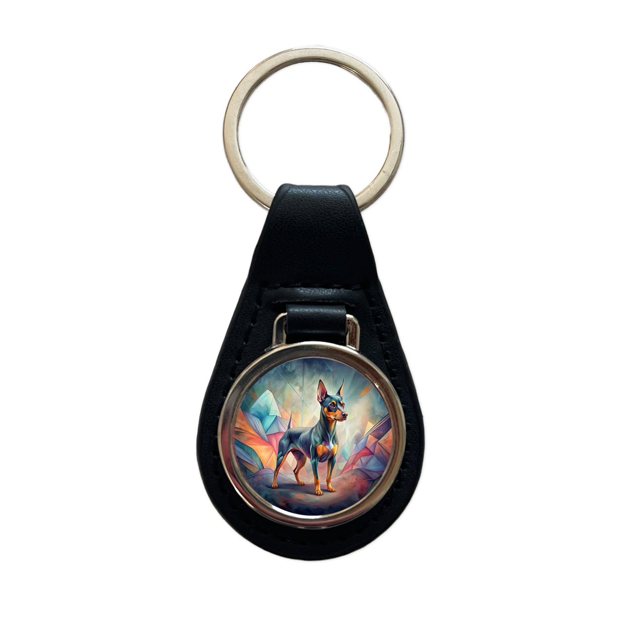 Miniature Pinscher Dog Contemporary Art Black Leather Metal Keychain