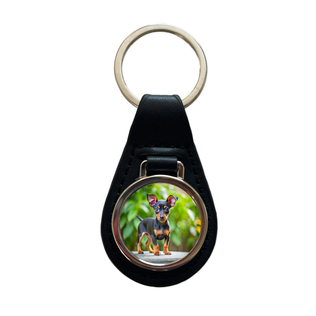 Miniature Pinscher Dog Puppy Photo Black Leather Metal Keychain