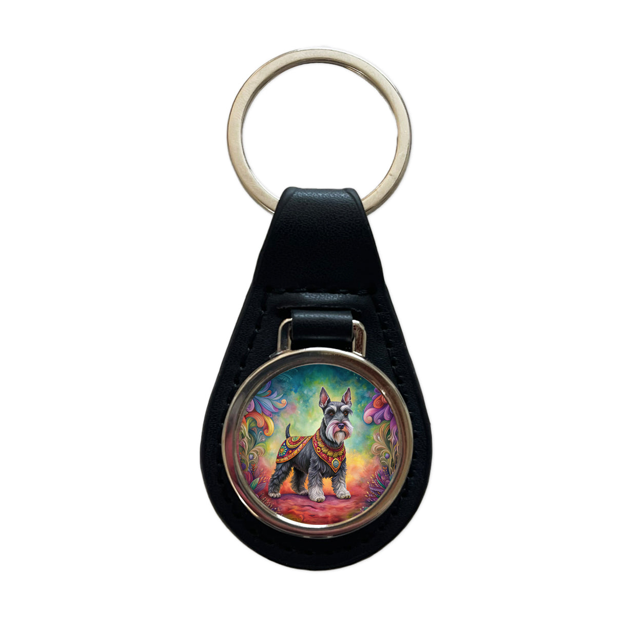 Miniature Schnauzer Dog Bohemian Art Black Leather Metal Keychain