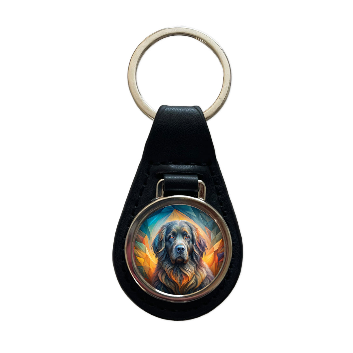 Newfoundland Dog Abstract Art Black Leather Metal Keychain