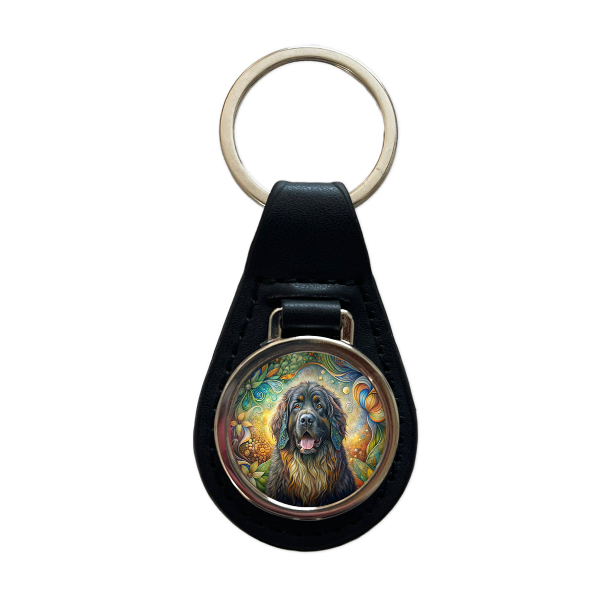 Newfoundland Dog Bohemian Art Black Leather Metal Keychain