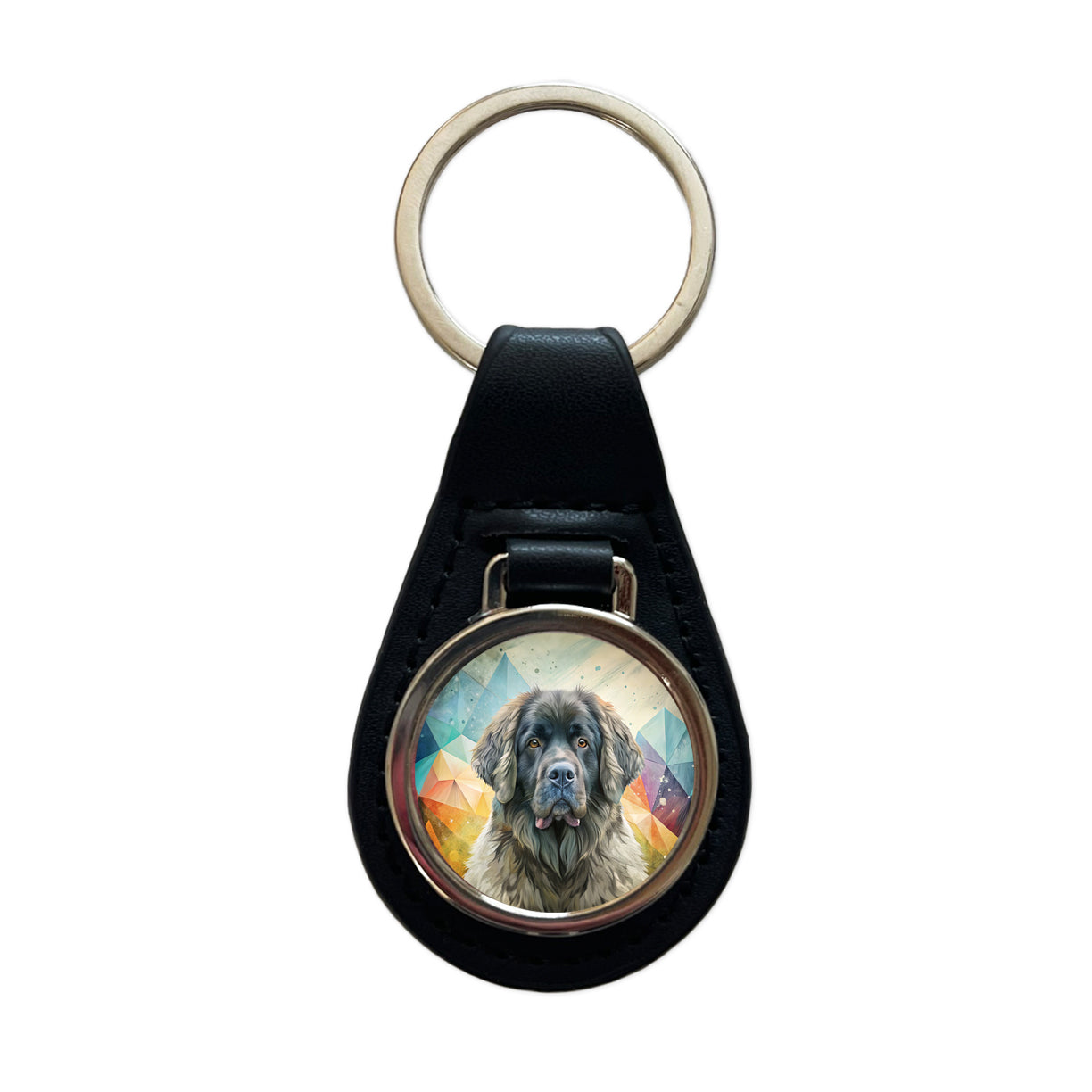 Newfoundland Dog Contemporary Art Black Leather Metal Keychain