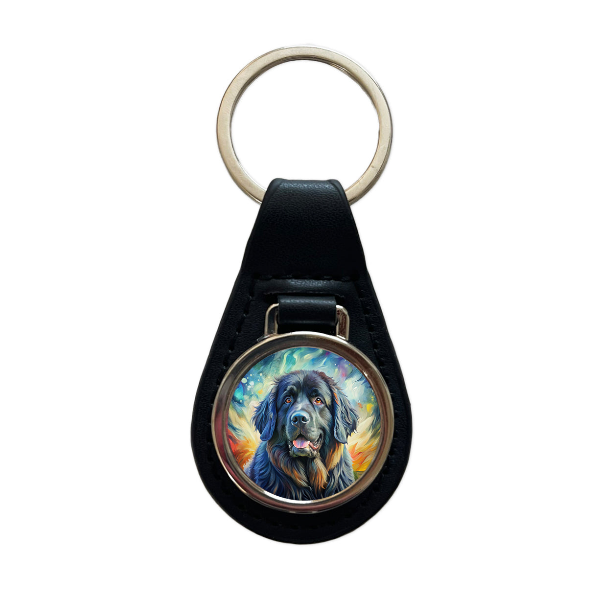 Newfoundland Dog Expressionism Art Black Leather Metal Keychain