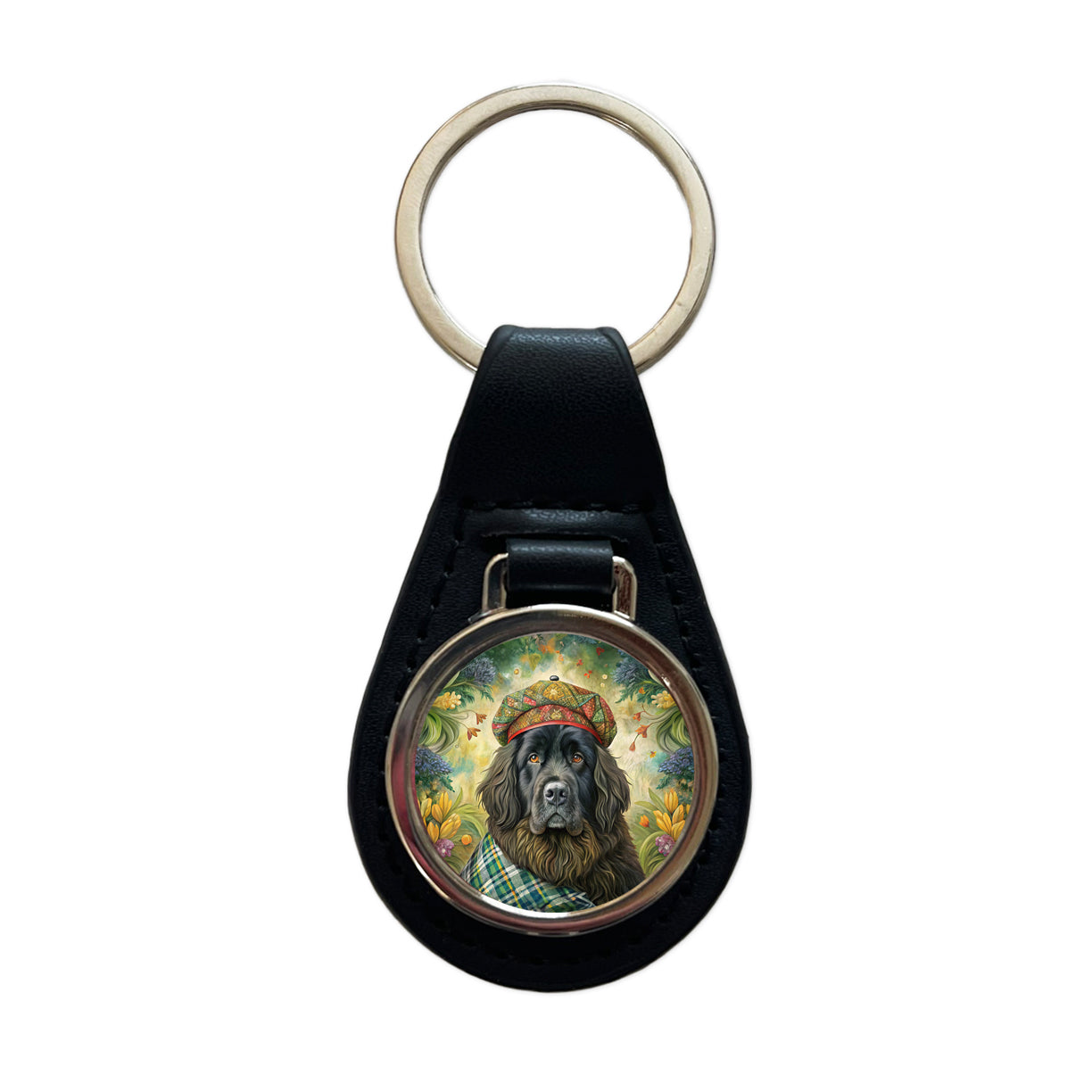 Newfoundland Dog French Bohemian Art Black Leather Metal Keychain