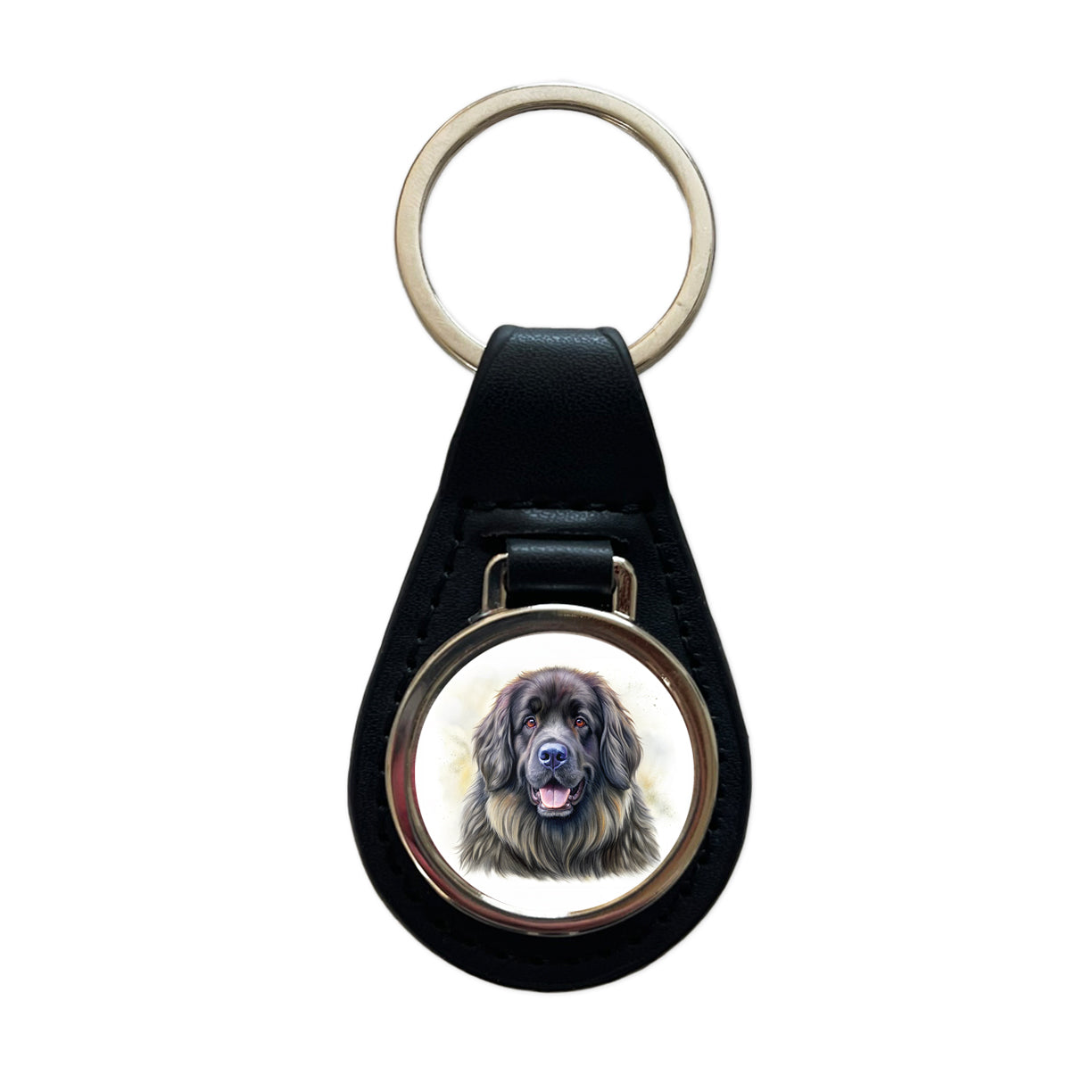 Newfoundland Dog Illustration Black Leather Metal Keychain