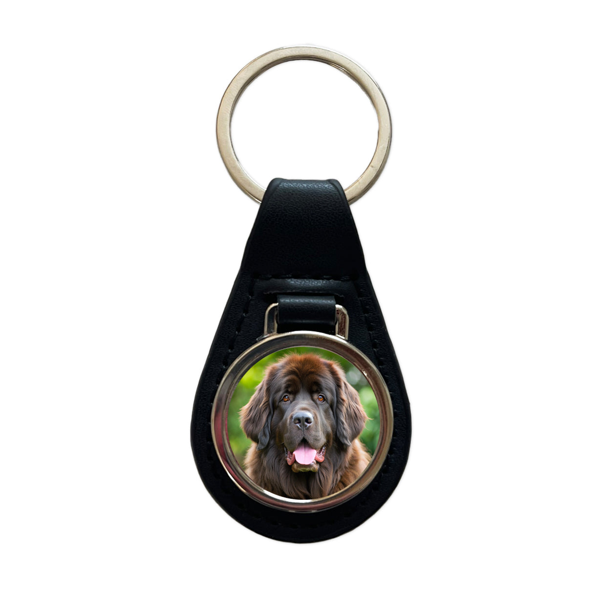 Newfoundland Dog Photo Black Leather Metal Keychain