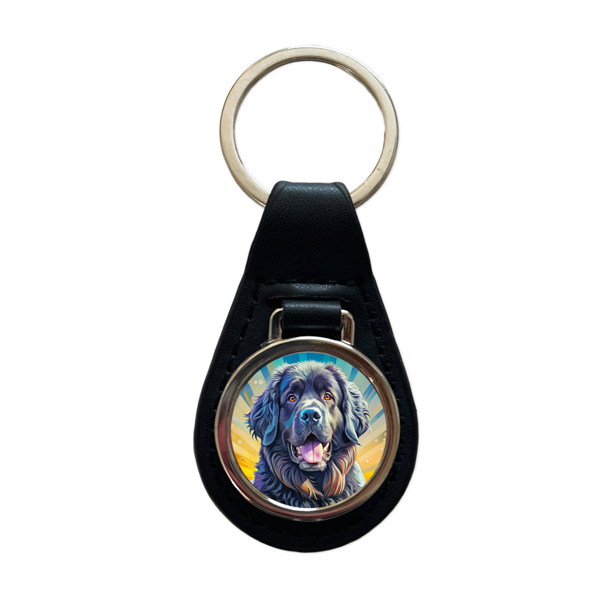 Newfoundland Dog Pop Art Black Leather Metal Keychain