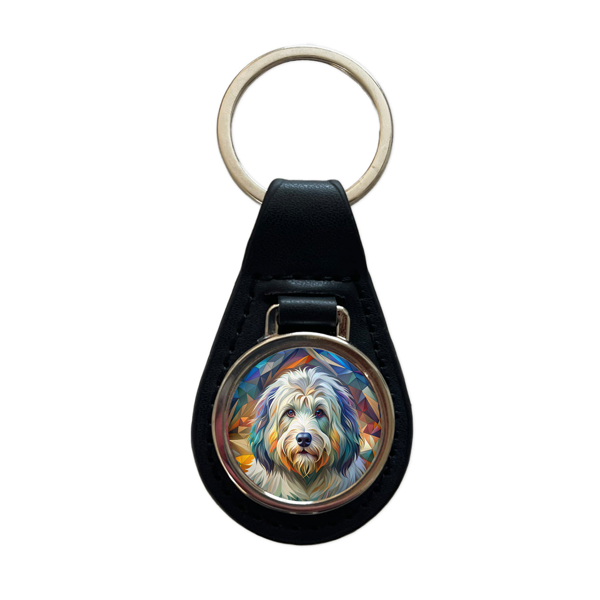 Old English Sheepdog Dog Abstract Stylized Art Black Leather Metal Keychain