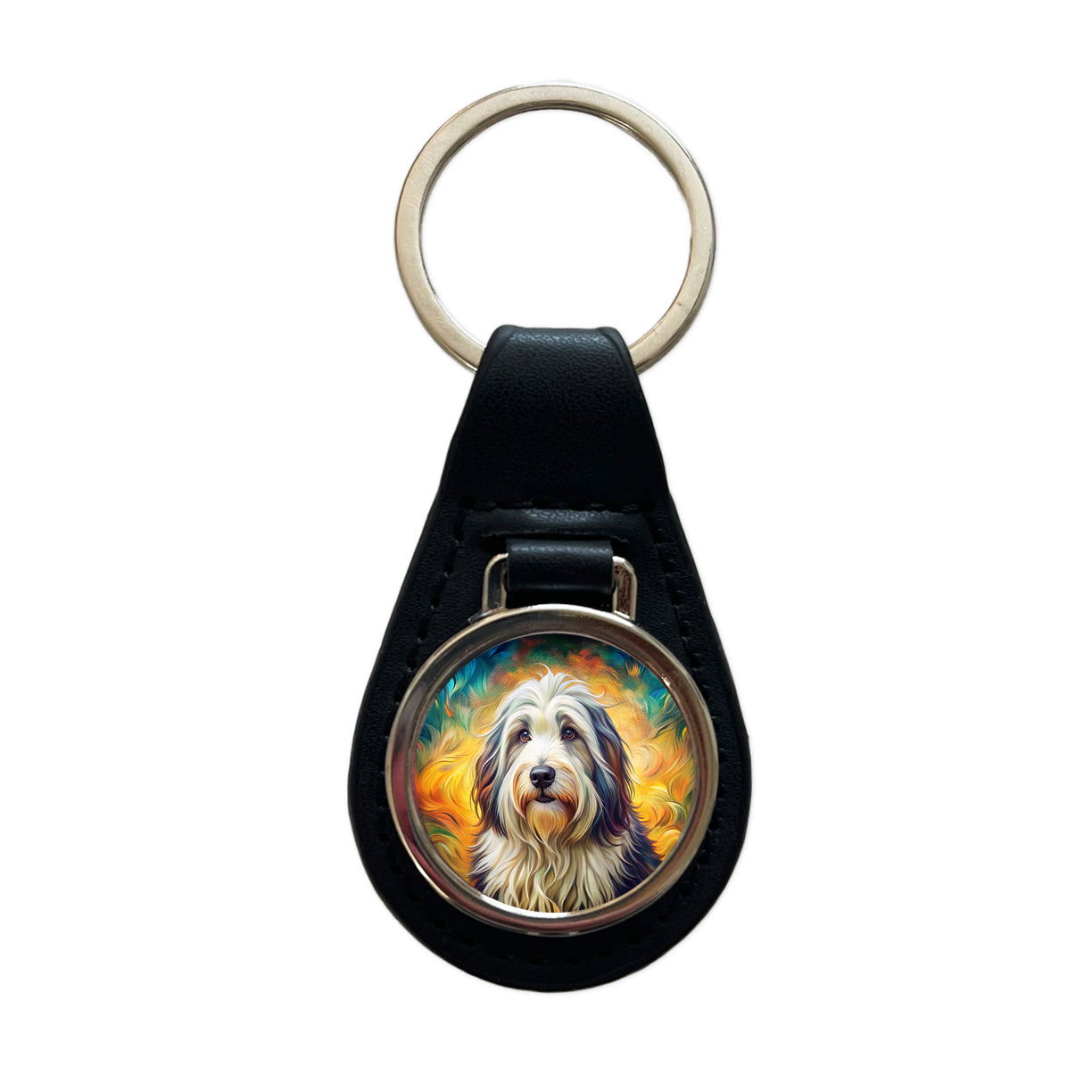 Old English Sheepdog Dog Bohemian Art Black Leather Metal Keychain