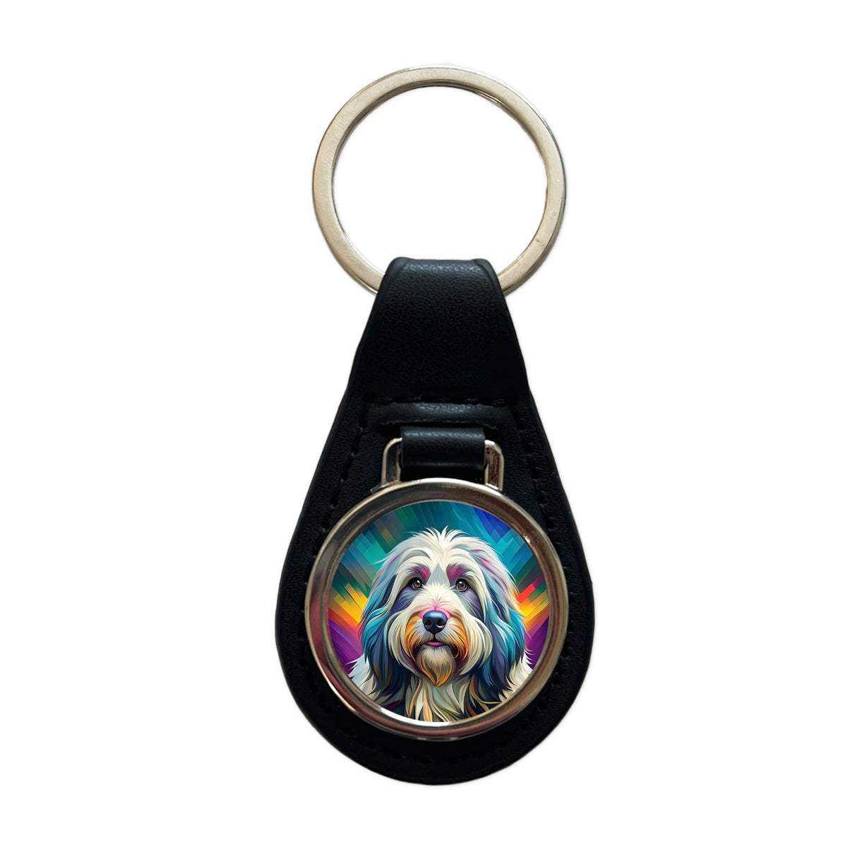 Old English Sheepdog Dog Pop Art Black Leather Metal Keychain