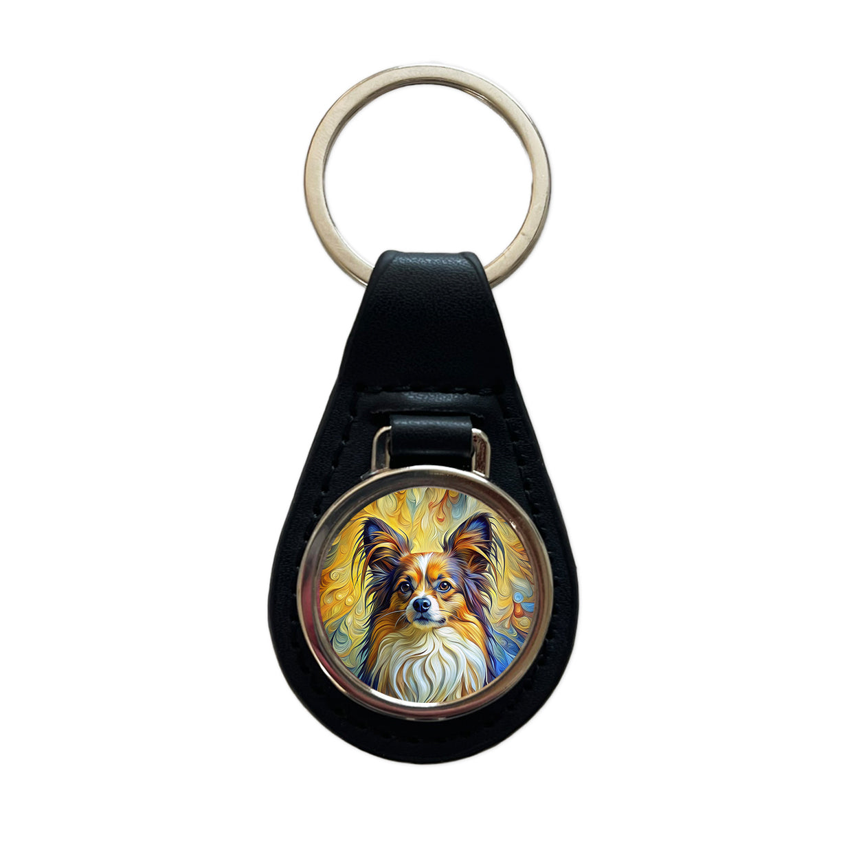 Papillion Dog Expressionism Art Black Leather Metal Keychain