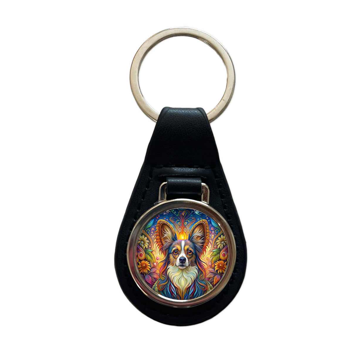 Papillion Dog French Bohemian Art Black Leather Metal Keychain