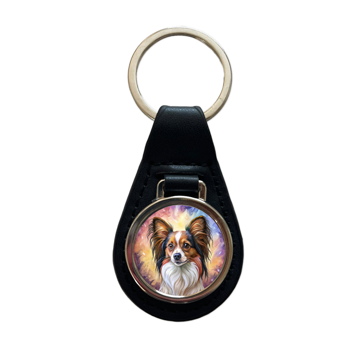 Papillion Dog Illustration Black Leather Metal Keychain