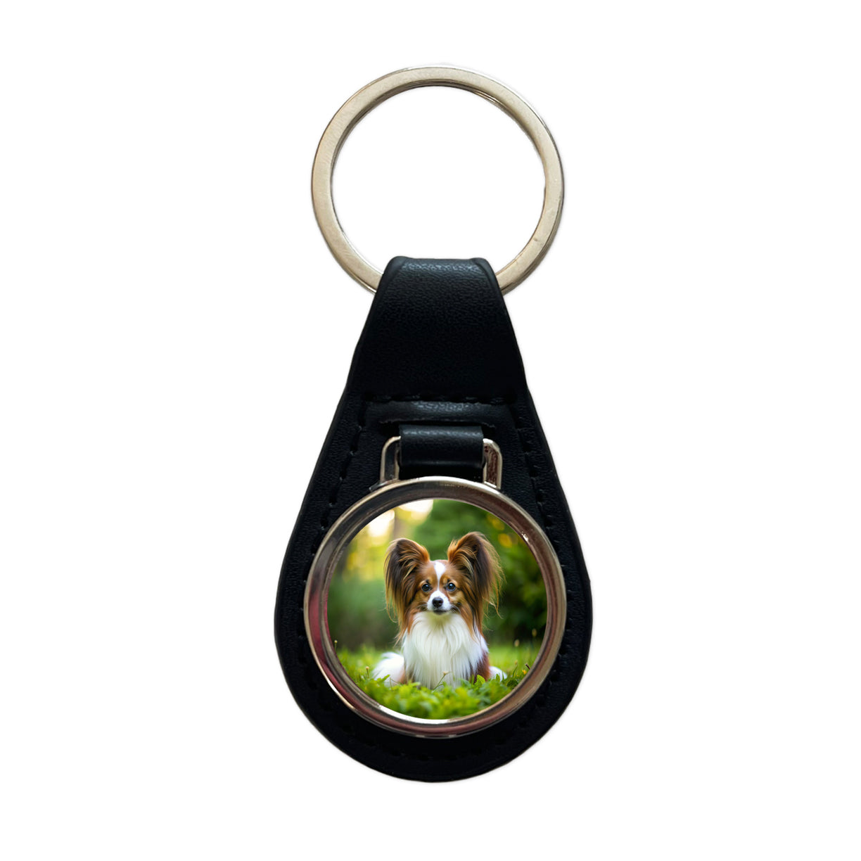 Papillion Dog Photo Black Leather Metal Keychain