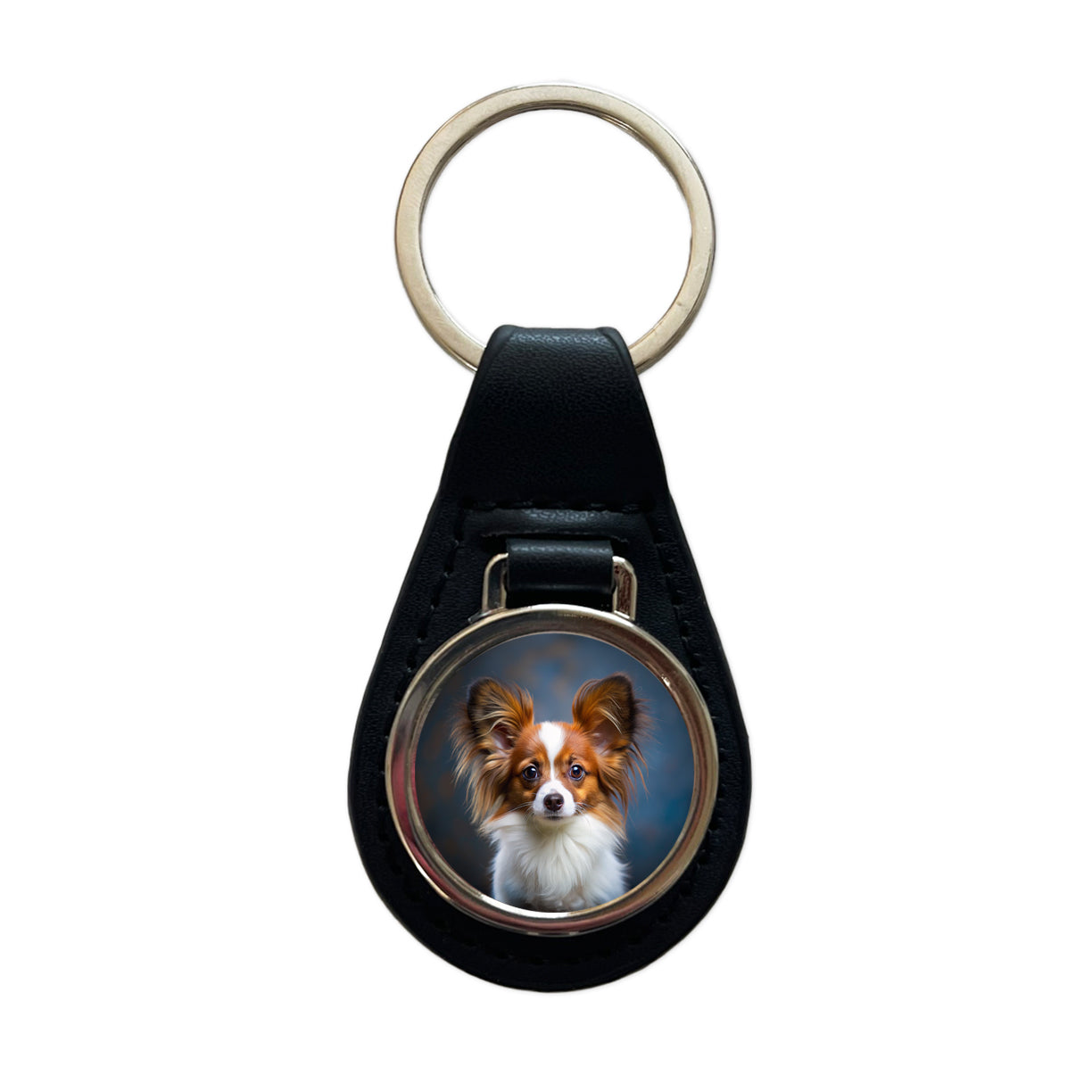 Papillion Dog Puppy Photo Black Leather Metal Keychain